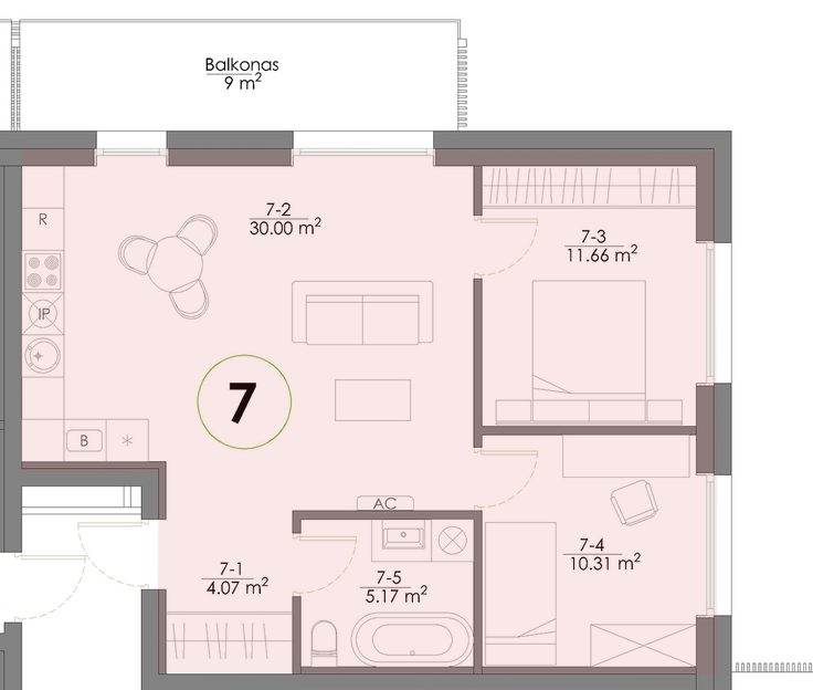 An architect's floor plan of a 3-room flat
